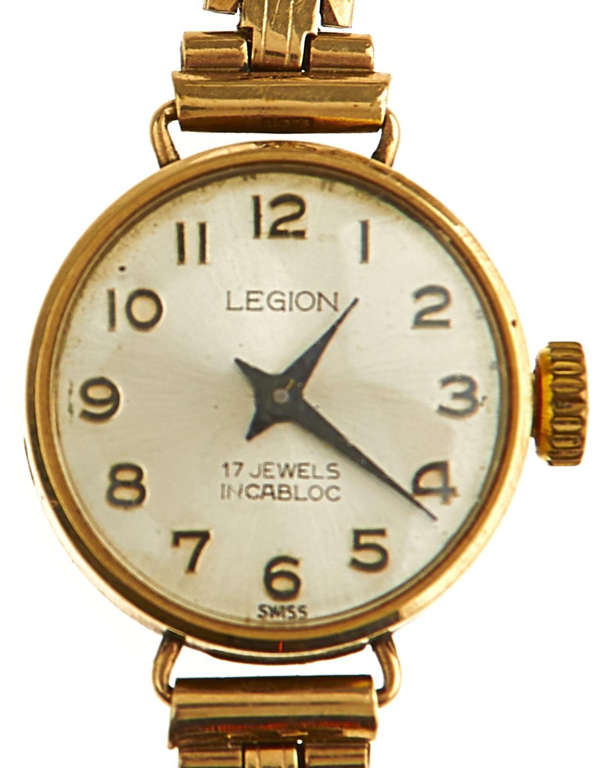 A LEGION 9CT GOLD LADY'S WRISTWATCH AND BRACELET, 20MM DIAM, BIRMINGHAM 1965, 14.8G APPARENTLY