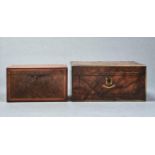 A VICTORIAN MAHOGANY, BURR WALNUT AND MAPLE TEA CADDY, MID 19TH C, IN MATCHED VEEERS, THE DIVIDED