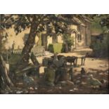 ENGLISH SCHOOL, 1935 - CHICKENS IN DAPPLED SUNLIGHT, SIGNED COOKE AND DATED, WATERCOLOUR AND BODY