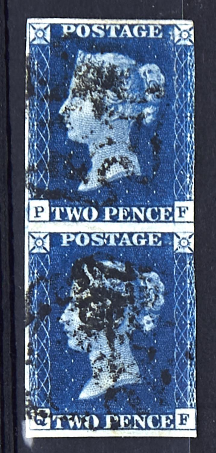 GREAT BRITAIN 1840 2d blue plate 2 PF-QF a scarce vertical pair with black MC cancellations. Three