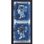 GREAT BRITAIN 1840 2d blue plate 2 PF-QF a scarce vertical pair with black MC cancellations. Three