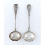 A PAIR OF GEORGE III SILVER SAUCE LADLES, OLD ENGLISH PATTERN, CRESTED (A MOOR'S HEAD), BY ELEY &