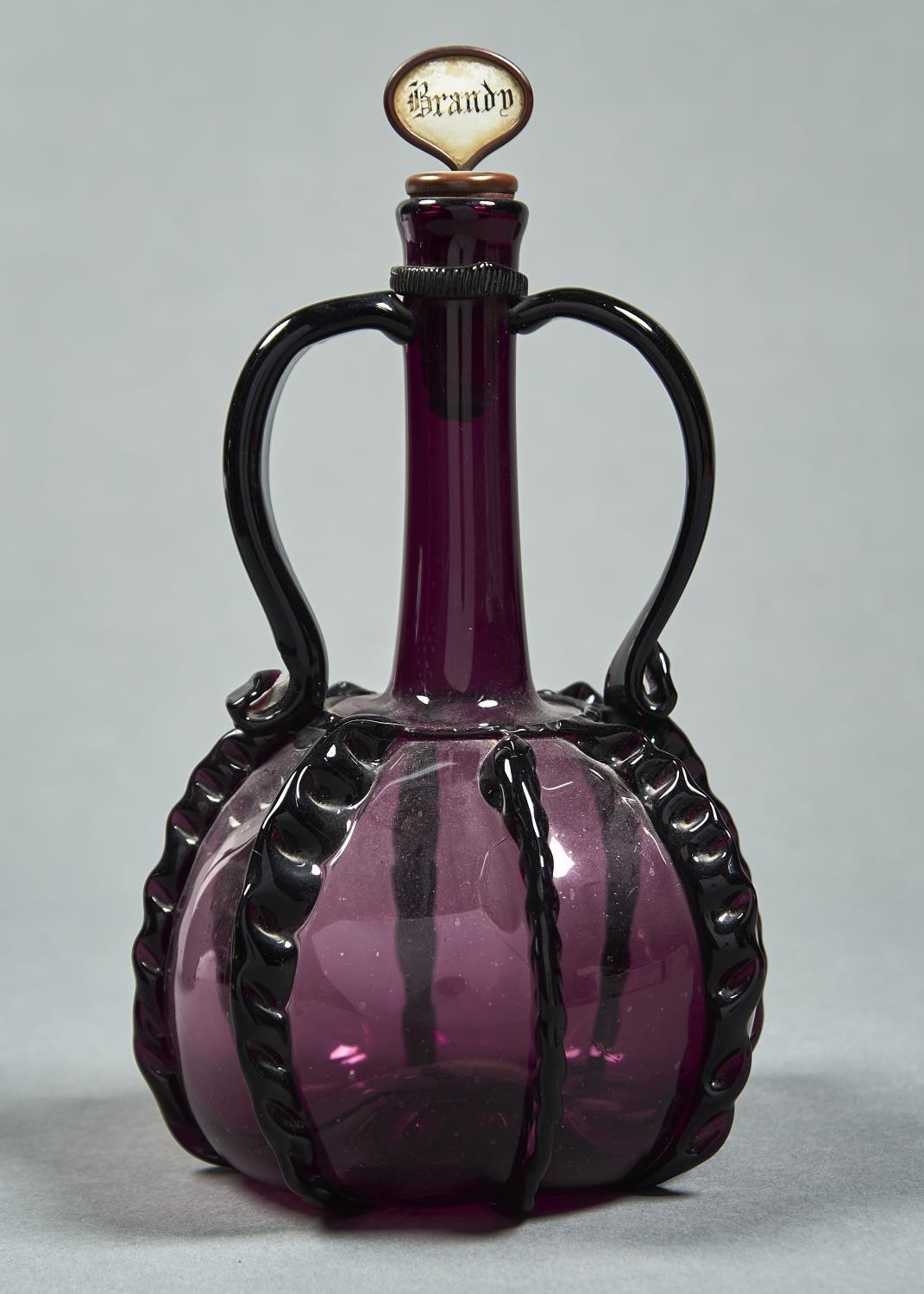 A VENETIAN REVIVAL AMETHYST GLASS SHAFT-AND-GLOBE SPIRIT BOTTLE, ZIRATFLASKE, LATE 18TH C, WITH