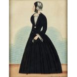 ENGLISH NAIVE ARTIST, 1853 - PORTRAIT OF A LADY, FULL LENGTH IN PROFILE, IN A BLACK DRESS HOLDING