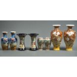 A PAIR OF JAPANESE SPOOL SHAPED SATSUMA WARE VASES, MEIJI / TAISHO PERIOD, DECORATED WITH
