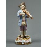 A GERMAN PORCELAIN FIGURE OF A MUSICIAN, LATE 19TH C, PLAYING THE VIOLIN AND DRESSED IN A LIGHT BLUE