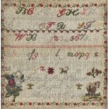 A BRITISH LINEN SAMPLER, MARY BARR W STOREY AGED 8 YEARS, EARLY 19TH C, WITH DOG, BIRDS, TREES AND