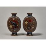 A PAIR OF JAPANESE CLOISONNÉ ENAMEL VASES, MEIJI PERIOD, OF FLAT SIDED OVAL SHAPE, ENAMELLED TO
