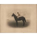 A PAIR OF EARLY 20TH C HAND TINTED PHOTOGRAPHS OF A RACE HORSE WITH JOCKEY UP AND A SIMILAR SUBJECT,