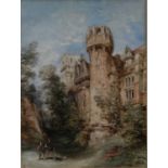 GEORGE CATTERMOLE, RWS (1800-1868) - ARCHER BEFORE A FORTIFIED MANOR HOUSE, SIGNED WITH INITIALS,