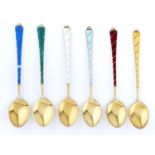 TWO SETS OF SIX DANISH SILVER GILT AND  HARLEQUIN GUILLOCHE ENAMEL  COFFEE SPOONS, C1950-60, BY EGON