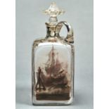 A LOW COUNTRIES ENAMELLED GLASS SPIRIT FLASK AND STOPPER, C1900, OF SQUARE SHAPE, PAINTED IN BROWN