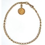 GOLD COIN. HALF SOVEREIGN 1913 MOUNTED IN 9CT GOLD,  ON AN 18CT GOLD WATCH CHAIN, EARLY 20TH C,
