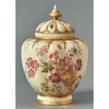 A ROYAL WORCESTER STUART ROSE JAR, COVER AND INNER COVER, 1903,  PRINTED AND PAINTED WITH