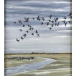 JOHN HUBBARD, 20TH/21ST CENTURY - GEESE OVER AN ESTUARY, SIGNED, OIL ON BOARD, 48 X 42.5CM Good