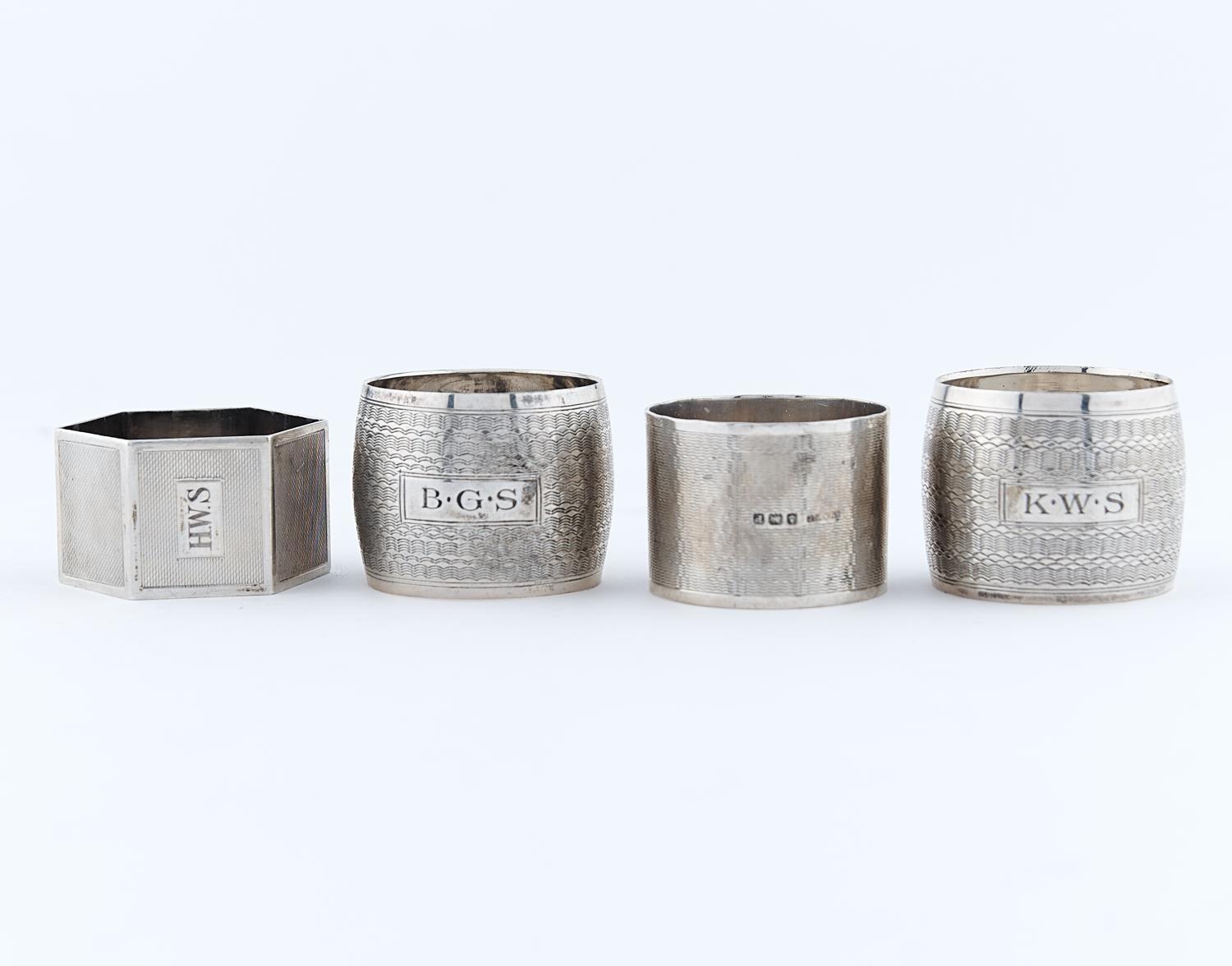 TWO AND A PAIR OF GEORGE VI SILVER NAPKIN RINGS, ENGINE TURNED, THE PAIR BY ISRAEL FREEMAN AND SON