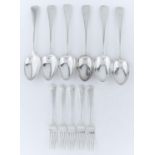 A SET OF SIX VICTORIAN SILVER TABLE SPOONS AND FIVE DESSERT FORKS EN SUITE, OLD ENGLISH PATTERN,