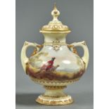 A ROYAL WORCESTER TWO HANDLED PEAR SHAPED VASE AND COVER, 1905,  PRINTED AND PAINTED WITH PHEASANTS,