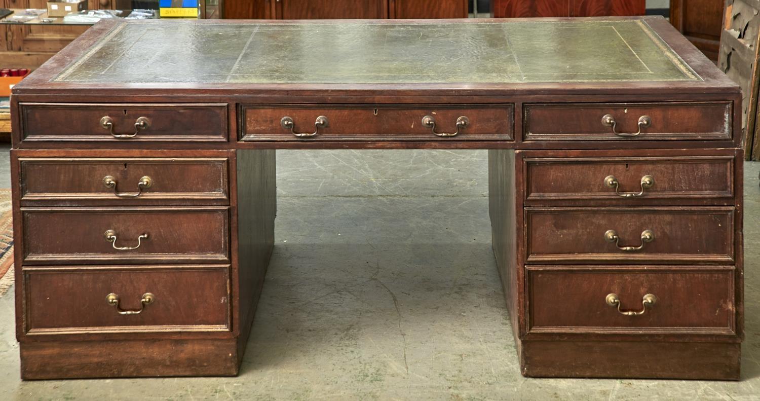 A MAHOGANY PEDESTAL DESK, MID 20TH C, WITH GREEN LEATHER INLET WRITING SURFACE AND FITTED NINE - Image 2 of 3