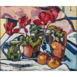 ANGELA BAILEY, 20TH/21ST CENTURY - STILL LIFE WITH CYCLAMEN AND FRUIT, SIGNED AND DATED '94,