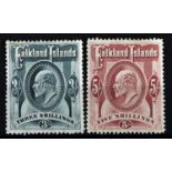 FALKLAND ISLANDS 1902-12 3/- green and 5/- red. Fine mint. SG 49 & 50 £330 (2)