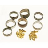 SEVEN VARIOUS SILVER RINGS, 48.8G & A PAIR OF GOLD PLATED CUFFLINKS Rings with slight wear,