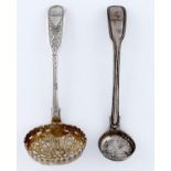A VICTORIAN SILVER PIERCED BOWL CONDIMENT LADLE, FIDDLE AND THREAD PATTERN, CRESTED, BY MARY