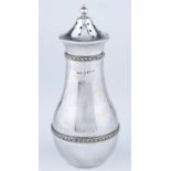 A EDWARD JONES. AN ARTS AND CRAFTS SILVER SUGAR CASTER AND COVER, BALUSTER, APPLIED WITH TWO HUSKS