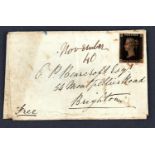 GREAT BRITAIN1840 1d black plate 6 GE used on envelope (faults) from Leominster to Brighton dated