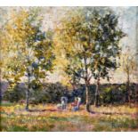 ENGLISH SCHOOL - TWO FIGURES SEATED UNDER TREES, INDISTINCTLY SIGNED AND DATED 1990, OIL ON
