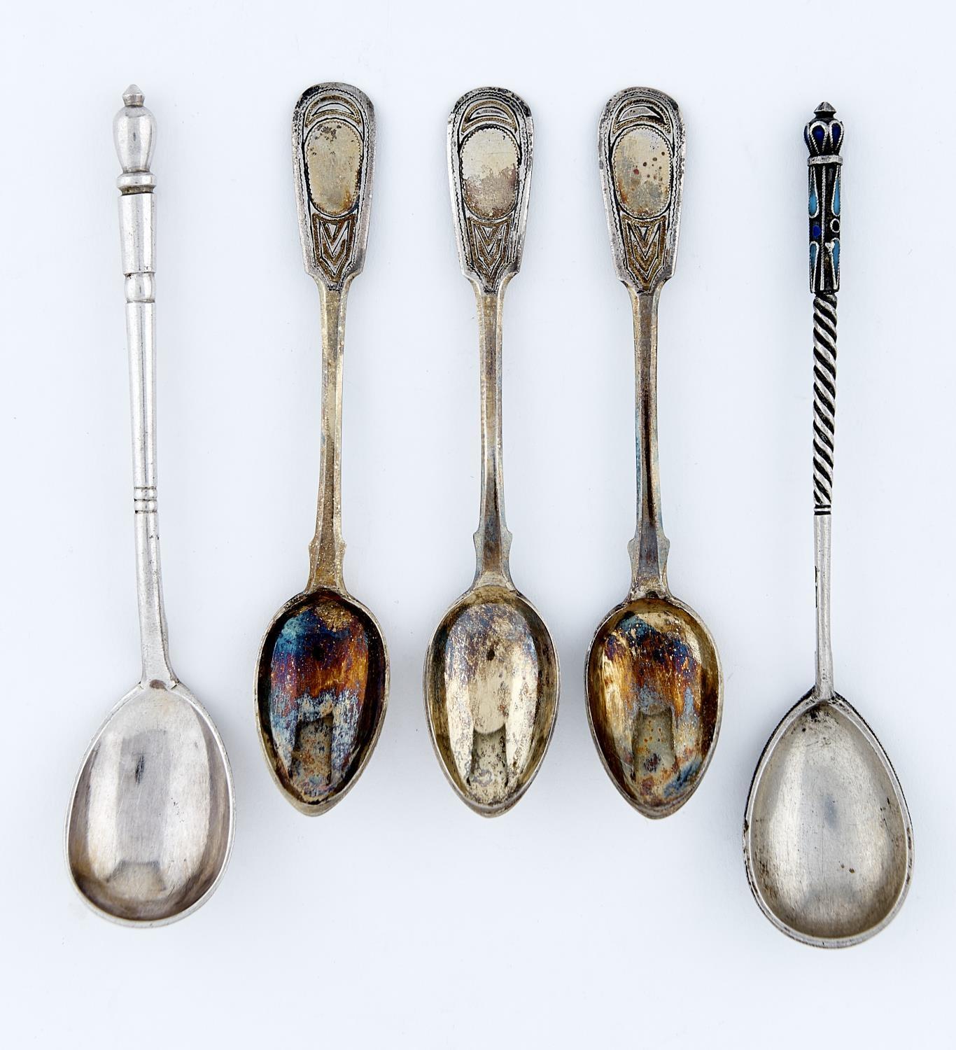 A RUSSIAN SILVER GILT AND CLOISONNE ENAMEL SPOON, MARKS OBSURED, LATE 19TH C ANOTHER RUSSIAN