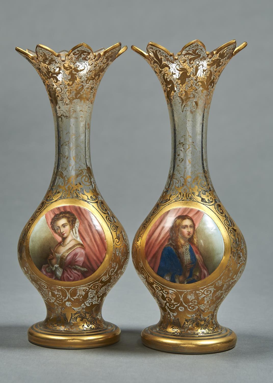 A PAIR OF BOHEMIAN OVERLAY GLASS BALUSTER VASES, C1860, PAINTED WITH A ROUND MEDALLION OF A YOUNG