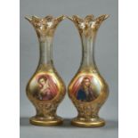 A PAIR OF BOHEMIAN OVERLAY GLASS BALUSTER VASES, C1860, PAINTED WITH A ROUND MEDALLION OF A YOUNG