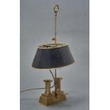 A FRENCH TOLE  BOUILLOTTE LAMP, MID 20TH C, THE RECTANGULAR LACQUERED BRASS BASE SET PAIR OF SQUAT