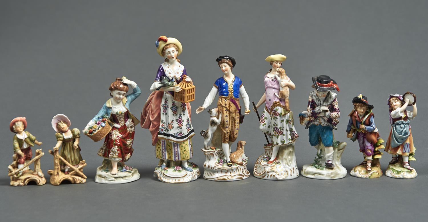 ONE AND FOUR PAIRS OF SITZENDORF, VOLKSTEDT AND OTHER CONTINENTAL PORCELAIN FIGURES, EARLY 20TH C