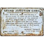 RAILWAYANA. GRAND JUNCTION CANAL WEIGHT WARNING "...THAT OWNERS AND ALL PERSONS IN CHARGE OF