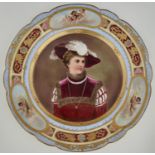 A VIENNA STYLE CABINET PLATE, C1900, PAINTED WITH A BUST LENGTH PORTRAIT OF A REGAL LADY IN FUR