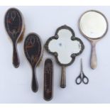 A SILVER BRUSH SET AND  A CONTINENTAL SILVER HAND MIRROR, BOTH EARLY 20TH C, ETC Some faults