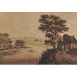 FOLLOWER OF JOHN GLOVER - LANDSCAPE WITH FIGURES, WATERCOLOUR, 28.5 X 43CM Typical fading and