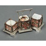 AN E J D BODLEY JAPAN PATTERN BONE CHINA CONDIMENT SET, C1880, THE SALT CELLAR, PEPPERETTE AND