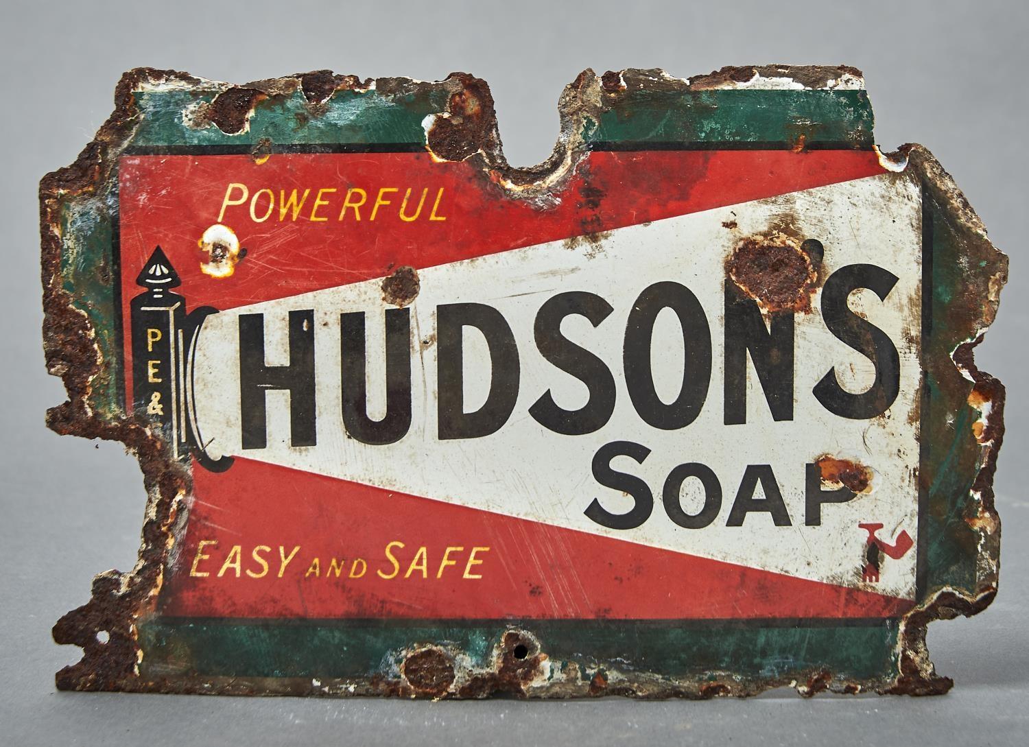 VINTAGE ADVERTISING. POWERFUL HUDSONS SOAP EASY AND SAFE ENAMEL SIGN, C1930, 21 X 33CM Damaged