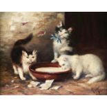K MURIG, LATE 19TH / EARLY 20TH C - THREE KITTENS, SIGNED AND INSCRIBED MCHN., OIL ON PANEL, 20.5