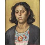ANNE SHINGLETON (1953-) - PORTRAIT OF A WOMAN, SIGNED (IN RED), OIL ON BOARD, 24.5 X 19CM Good