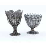 TWO OTTOMAN SILVER FILIGREE ZARFS, LATE 19TH C, ONE WITH TRACES OF GILDING, 47 AND 60MM H, 2OZS