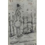 FOLLOWER OF L S LOWRY - FIGURE BY RAILINGS, BEARS SIGNATURE AND DATE, PENCIL, 13.5 X 8.5CM Good