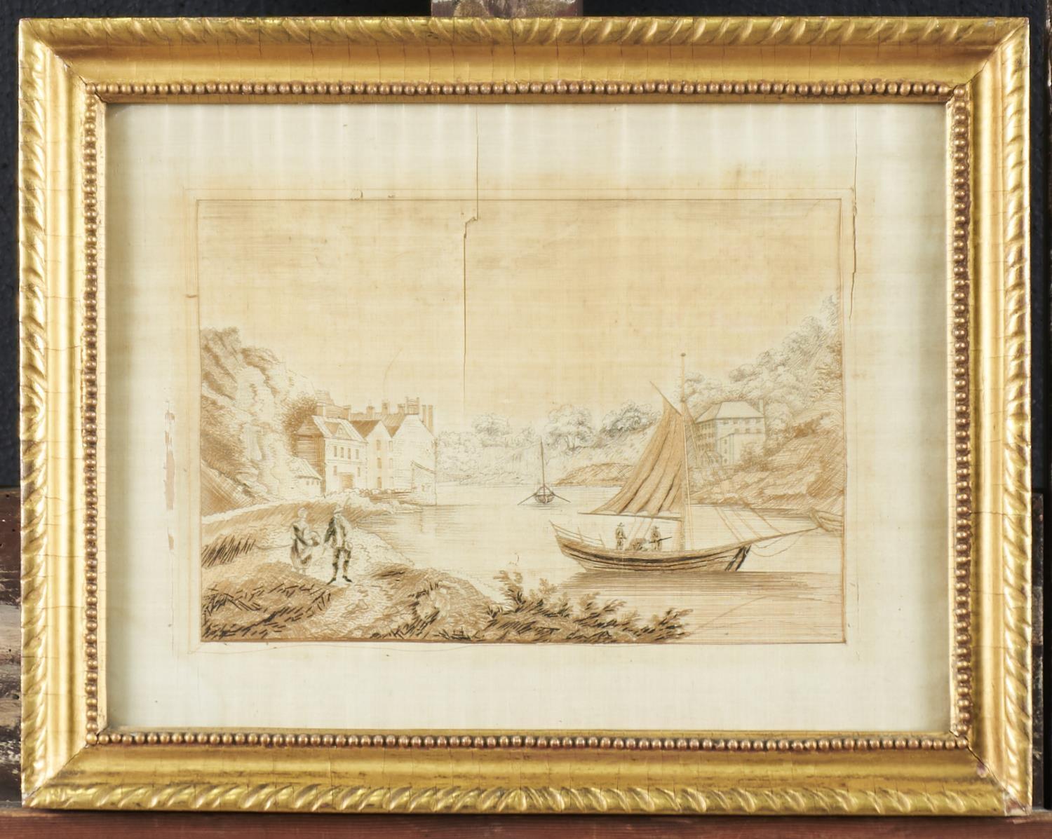 A PAIR OF NORTHERN EUROPEAN SILK NEEDLEWORK PICTURES, LATE 18TH C, OF RIVER SCENES WITH PEASANTS, IN - Image 4 of 4