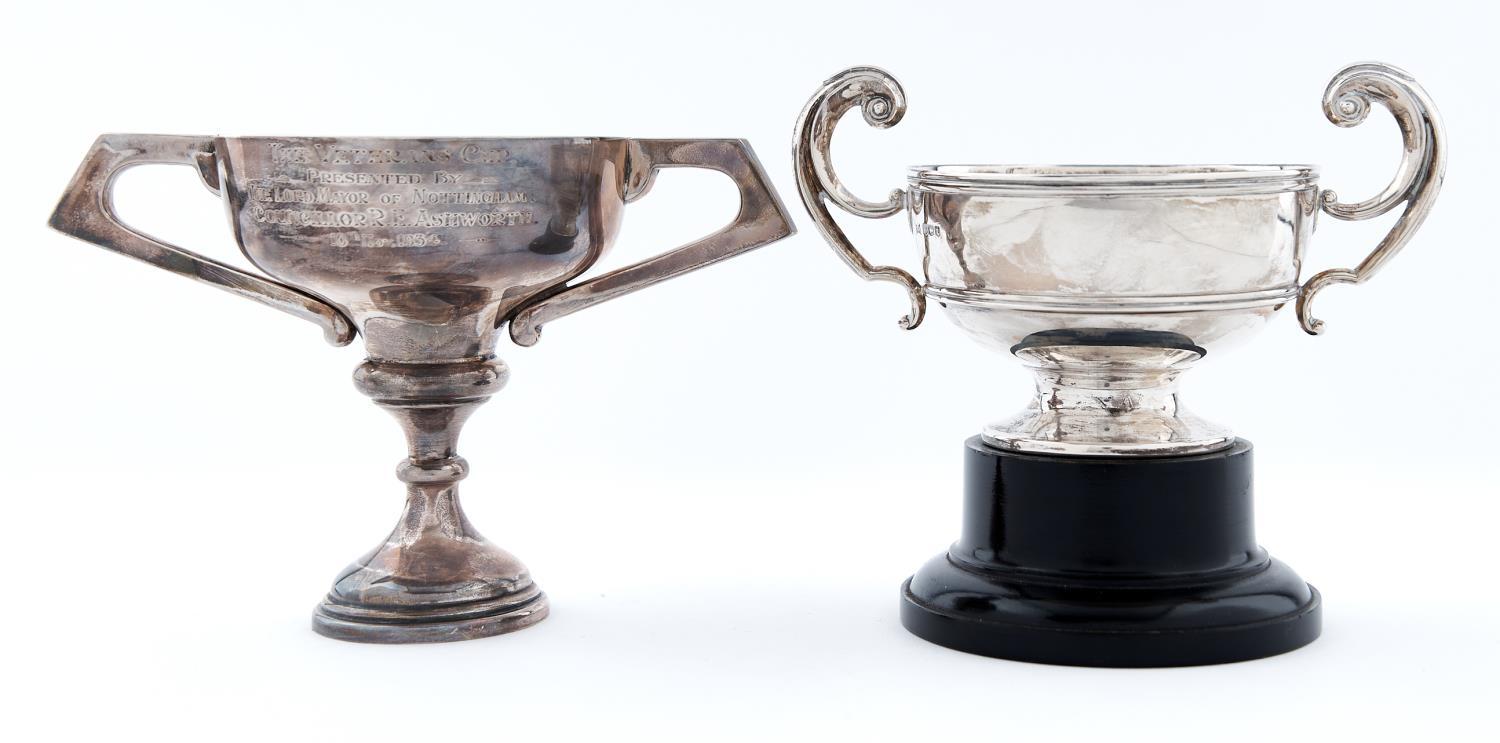 An Edward VIII silver trophy cup with flying scroll handles, 90mm h, by Walker & Hall Limited,