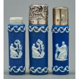 Three similar cylindrical dark blue jasper dip scent bottles, probably Wedgwood, late 19th c, two
