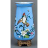 A French enamelled lavender blue glass vase, c1880, of tapered form with conical neck, on