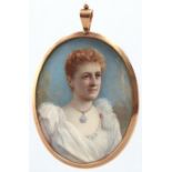 English School, c1900 -  Portrait miniature of a lady in a white dress, sky background, oval, 69 x